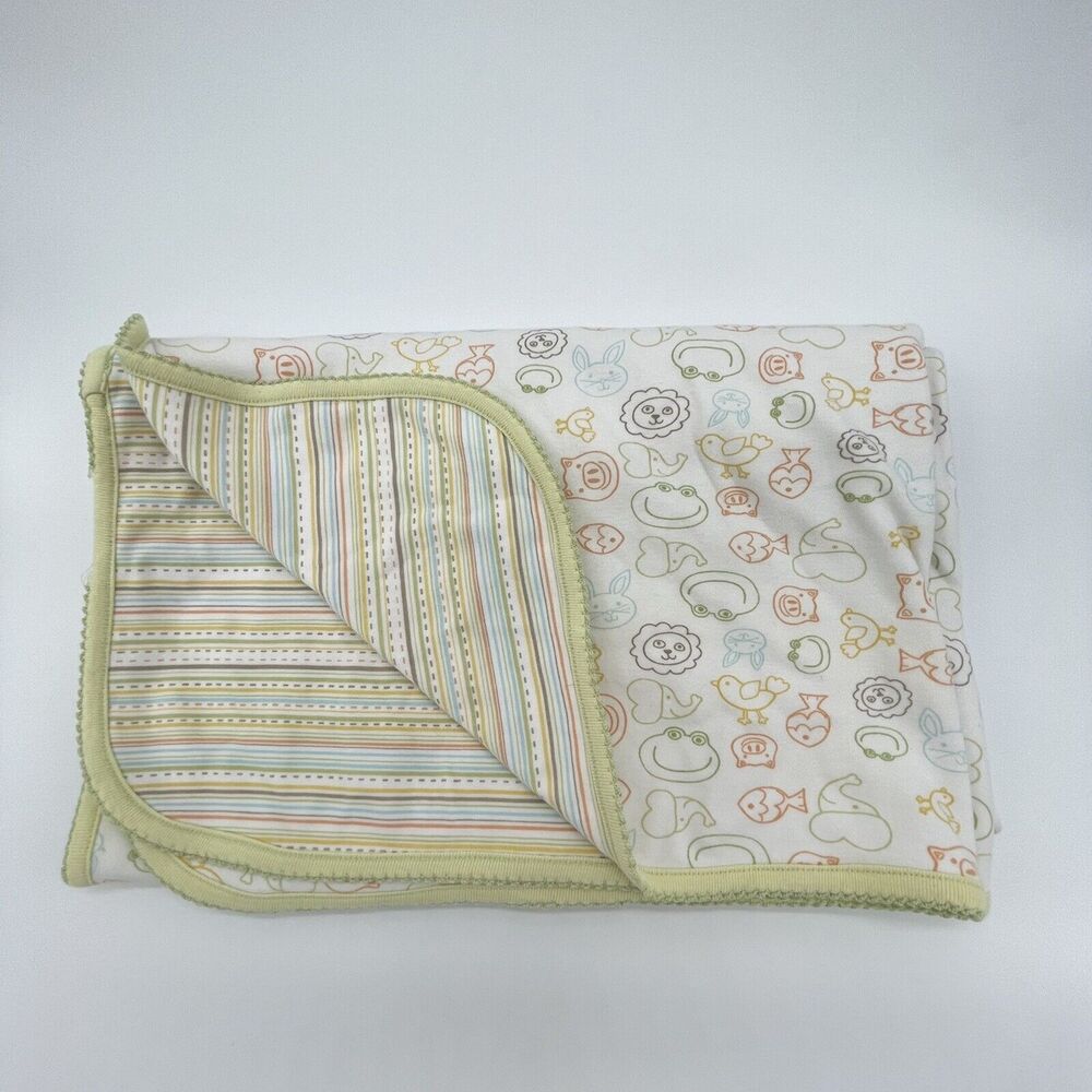 Nordstrom Layette Green Animal Striped Unisex Baby Blanket Lions Pigs Frogs Fish